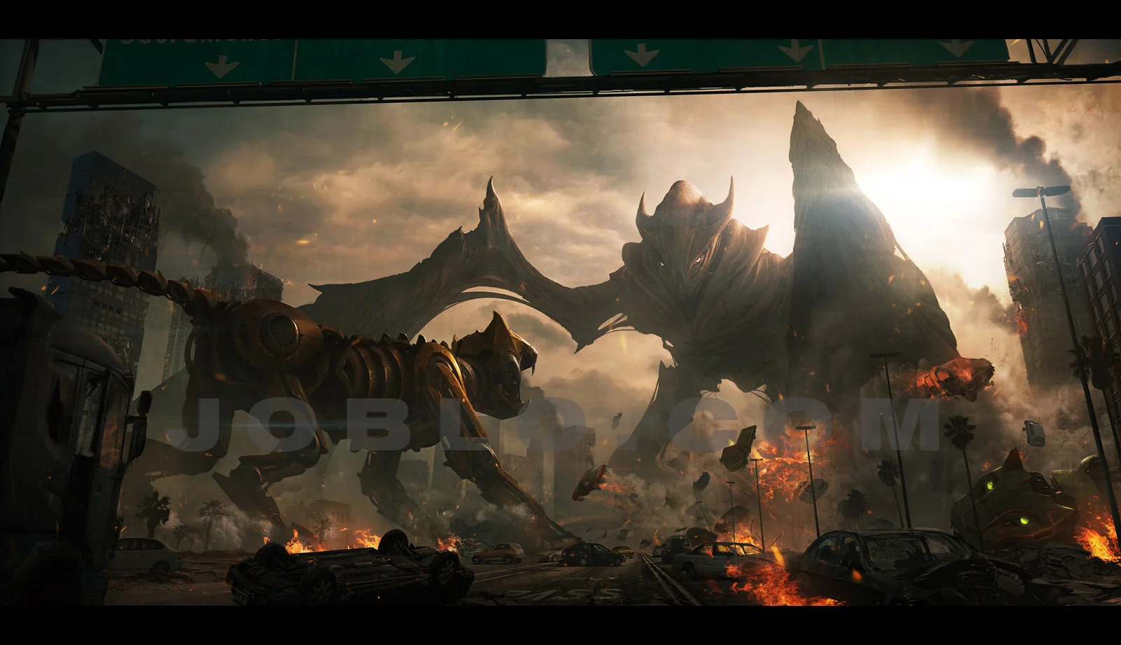 The second 2010 pitch painting: a lion facing a Robeast on a wrecked freeway. Contemporary write-ups noted, not always kindly, how much of Michael Bay’s Transformers was in the look.