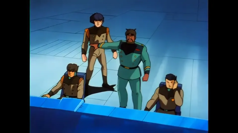 The Vehicle Team on their bridge, in the flight suits that separate them from the Lion Force at a glance.