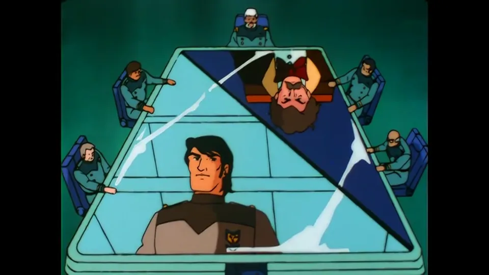 Split-screen command chatter, four faces at once, the visual shorthand of an eighties war cartoon.
