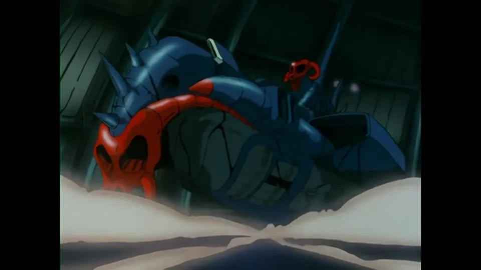 A wrecked mecha half buried in snow.