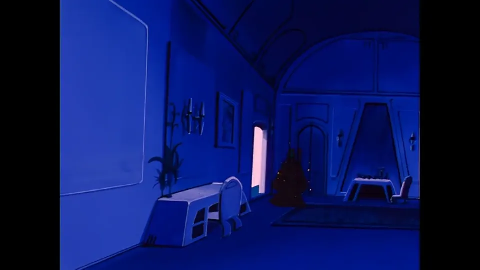A castle corridor at night, empty, lit blue.
