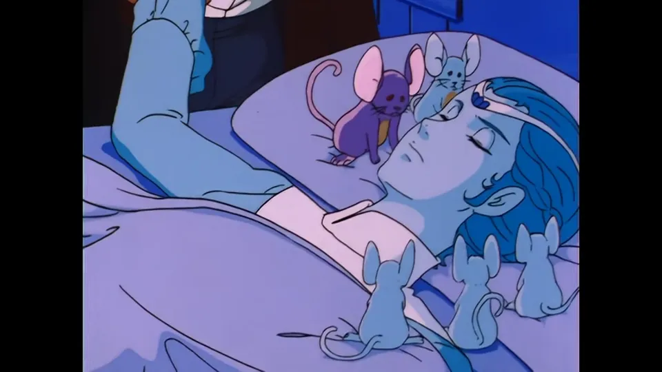 Allura asleep with the mice keeping watch on the pillow.