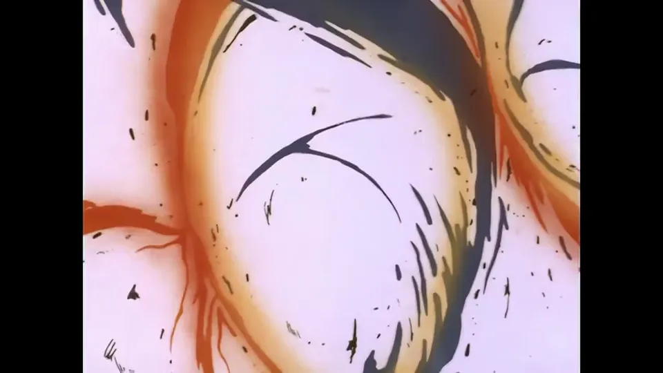 A face beginning to come apart in extreme close-up.