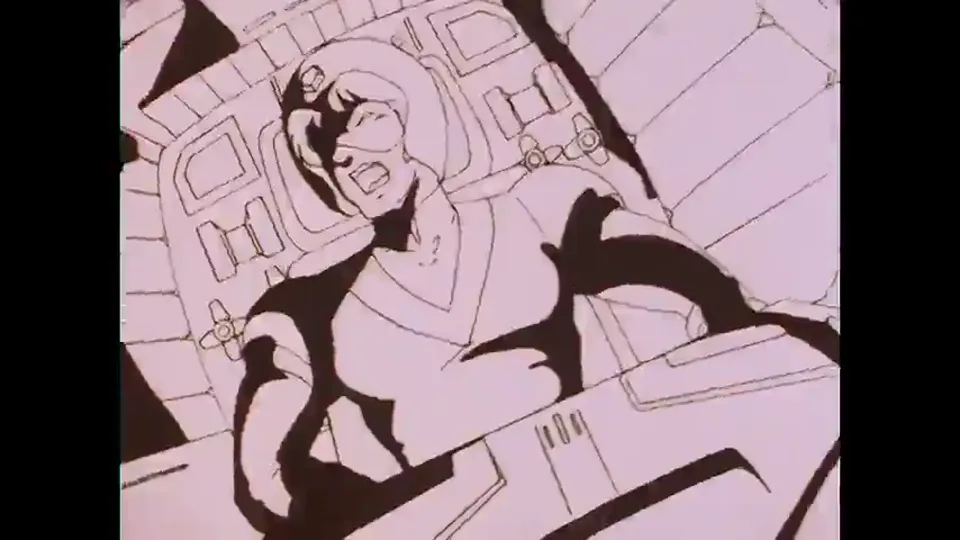 A flash frame: rough line art of a figure at a console, uncoloured, used as a shock cut. Whether it is a deliberate effect or an unfinished cel that survived the edit, we have found nobody who knows.