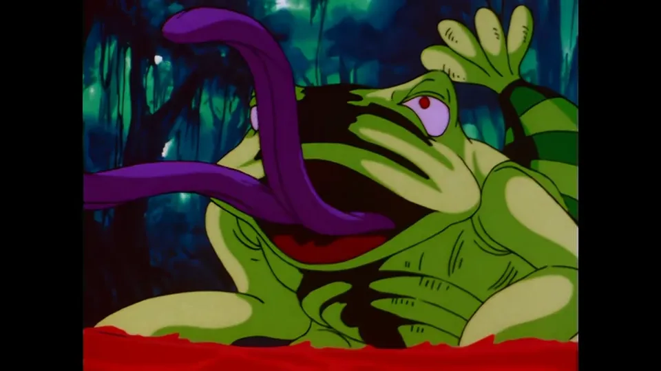 A green amphibian creature wrapped in purple tentacles.