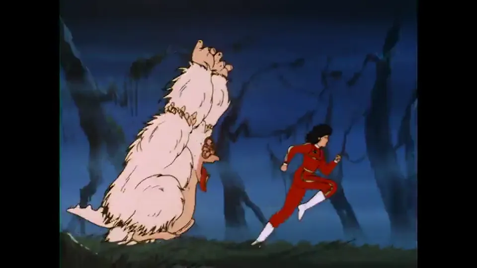 A large white beast running down a figure in red.