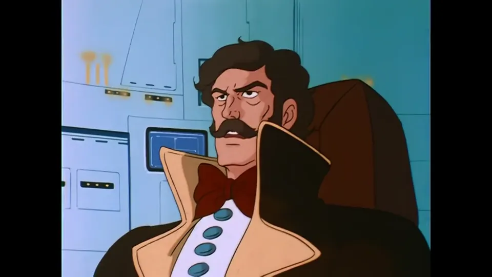 A caped officer in a ship interior.
