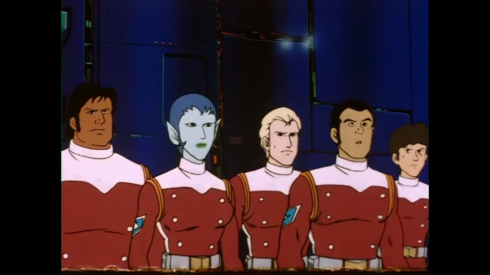 The Vehicle Team lineup, five of them shoulder to shoulder, including the blue-skinned crewman.