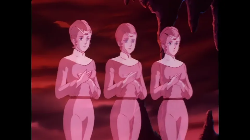 Three identical figures, pink-lit, standing in a row underground.