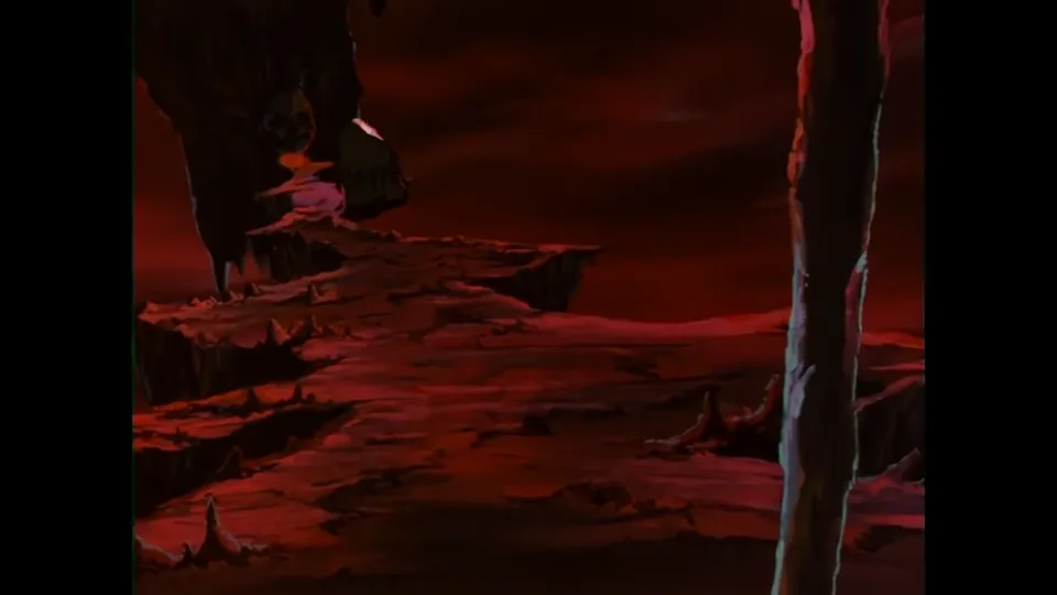 A red rock landscape under a dark sky.