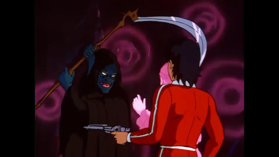 A blue-skinned figure with a scythe, holding someone at the edge of frame.