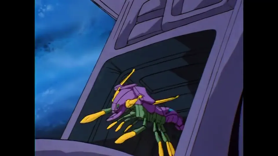A purple mecha claw, yellow-tipped, filling the frame.