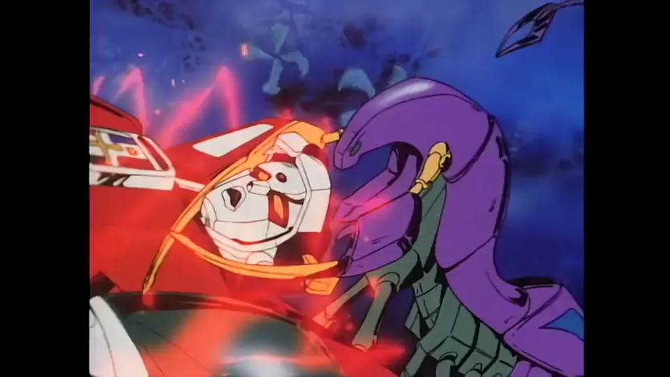 Voltron wrestling a purple creature inside a red energy ring.