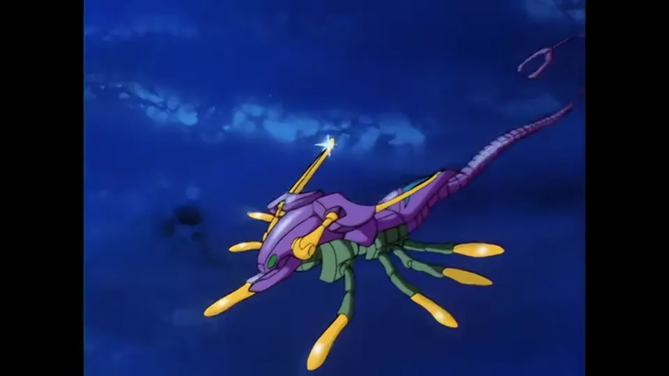 The purple insect mecha in the sky, seen from below.