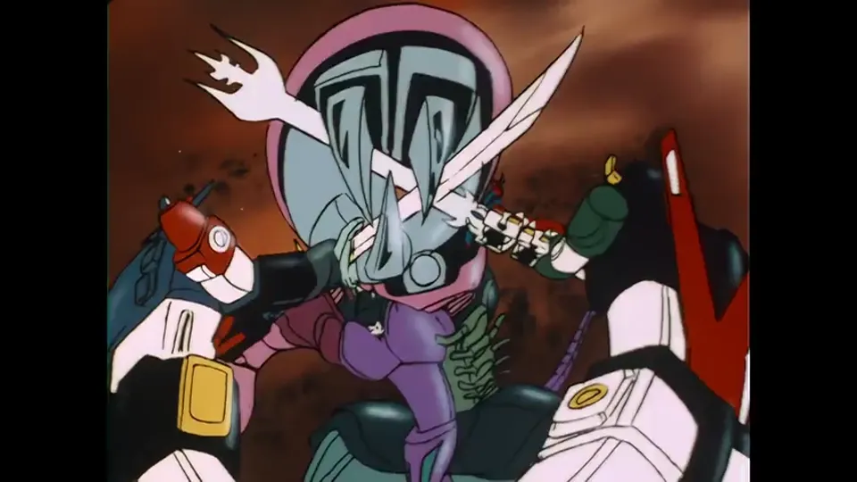 Voltron driving the sword into a creature at point-blank range.